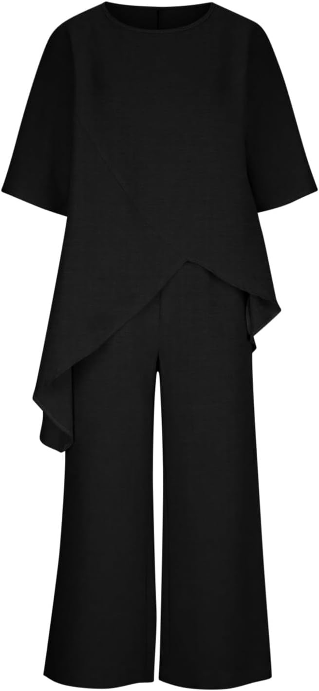 Summer Outfits for Women Trendy Cotton Linen Set High Low Asymmetrical Irregular Hem Half Sleeve Tops Wide Leg Pants