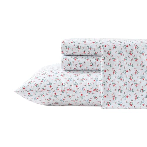 Image of Laura Ashley - Full Size Sheet Set, Crisp & Lightweight Cotton Percale Bedding with Fitted Sheet and Pillowcases, Floral Room Decor, Deep Pocket, College Dorm Room Essentials (Aylesmore Ditsy Red)
