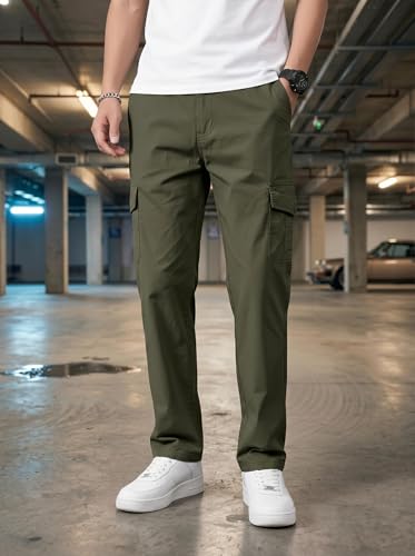 Image of Men's Cargo Trousers-100% Premium Cotton Regular Fit Lightweight Breathable Elastic Waist Multi-Pocket Casual Utility Pants