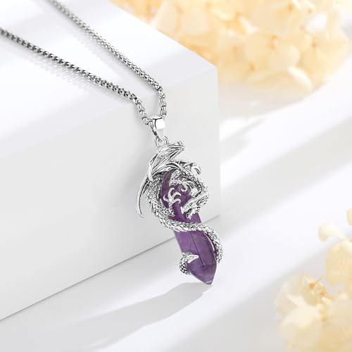 EUDORA Vintage Dragon Necklace with Healing Crystal for Women Men, Silver Plated Copper Viking Dragon Pendant Amulet Energy Gothic Jewelry, Gift for Women Men Dad Mother Mom, Chain 20" +24"2