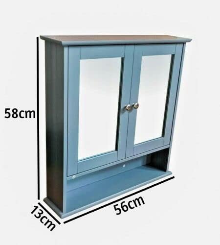 Saxony® Bathroom Slim Double Door Mirrored Cabinet Bathroom cupboard Wall Mounted wooden Modern Storage Unit with Internal Shelf & a Display Shelf Grey
