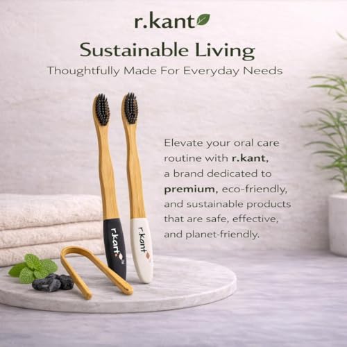 Image of R.Kant Pack of 2 Bamboo Toothbrush Combo for Adults | White & Black | Charcoal Infused Soft Bristles | Eco-Friendly Handle | Includes 2 Toothbrushes & 1 Bamboo Tongue Cleaner
