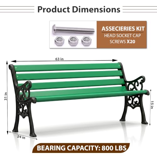 Image of BRISHI 3 Seater Cast Iron FRP Garden Bench for Indoor & Outdoor Park /Patio /Living Room /Terrace /Balcony (Black + Green)