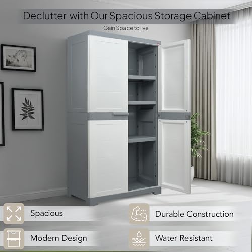 Image of Cello Novelty Big Bookshelf, White & Grey | 2 Dustproof Doors | Space Saving Cupboard | Plastic Book Shelf | Multipurpose Book Shelf for Home, Office | Book Organizer for Library