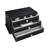 15cm x 9cm x 8cm Amazon Basics - Schmuckkasten für Uhren, Ringe, Halsketten aus Holz, mit massiver Oberseite, 3 Schubladen, schwarz