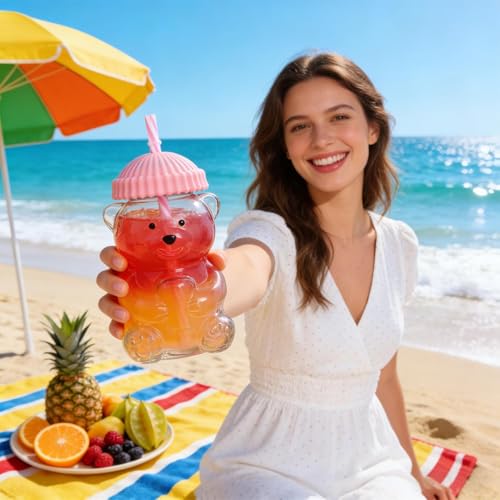 Image of New Glass Bear Straw Cup 600ML Cute Bear Glass Tumbler with Reusable Straw - Viral Animal Design for Smoothies, Boba & Iced Coffee (Pink)