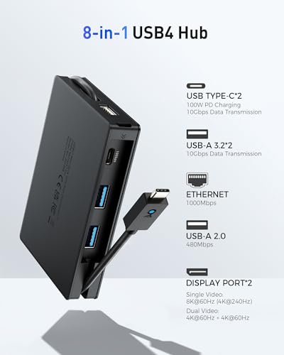 Cable Matters 8-in-1 ポータブル 40Gbps USB4 ハブ USB 4 ドック デュアル DisplayPort 4K@60Hz 単一 DisplayPort 8K@60Hz 100W PD ギガビットイーサネット XPS/Surface Pro/iPad Pro Thunderbolt 4 対応
