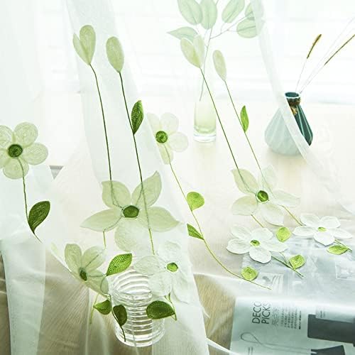HooHero Green Rural Style 100 Width Sheer Curtains Floral Embroidered Voile Drapes Window Treatments Rod Pocket Top Style for Kids Nursery Room Bedroom