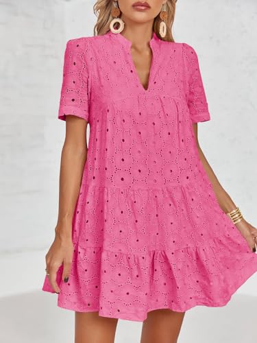Image of Imily Bela Womens Summer Lace Dresses Eyelet Casual Flowy Babydoll Swing Short Sleeve V Neck Tunic Dress