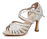 MINITOO Damen Tanzen Schuhe Tanzschuhe Latein Salsa Glitzer Sandalen L429 Weib Silber EU 38