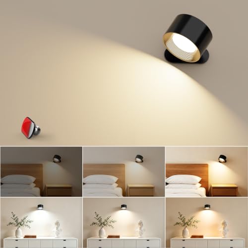 Coollamp LED Indoor Wall Lamp 1 Pack Bedroom Wall Light with Warm/Natural/White Light 3 Brightness Levels Rechargeable Battery Touch Control 360 Rotate for Living Room Corridor Stairs Black