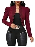 GORGLITTER Women's Ruffle Cropped Blazer Jacket Business Casual Open Front Puff Long Sleeve Bolero Jackets Burgundy X-Large