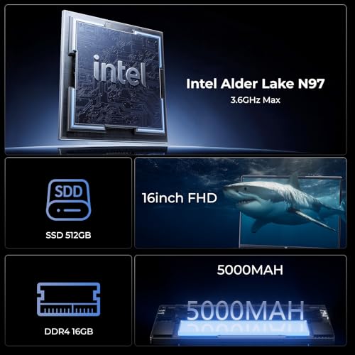 Laptop Computer 16 Inches Full HD 16GB DDR4 512GB SSD Expandable up to 2TB, N97, Camera with Physical Shutter, Long Life, Ideal for Office and Study - Afbeelding 3