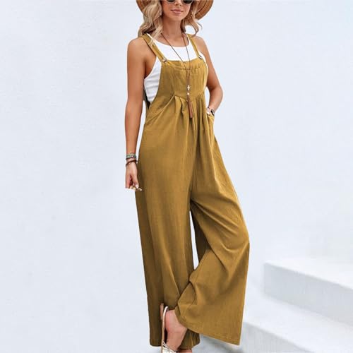Image of Kubbon Womens Wide Leg Jumpsuits Sleeveless Straps Bib Overalls Summer Baggy Casual Pants Rompers Overalls with Pockets