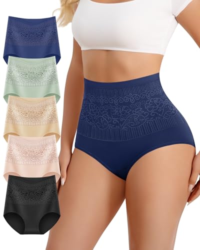 Image of Women's Cotton High Waisted Underwear Stretch Panties Full Coverage Postpartum Soft Briefs Breathable 5 Pack