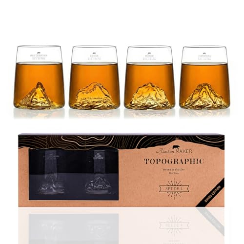 Alaskan MAKER Cofanetto da 4 bicchierini shot da 6,5 cl in vetro cristallino di alta qualità, soffiati artigianalmente, con montagne in rilievo | Forma a tulipano | TOPOGRAPHIC (Montagne svizzere)
