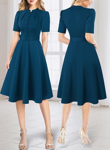 Image of VFSHOW Womens 2024 Business Work Office Pockets Belted Buttons Elegant Fit and Flare A-Line Dress