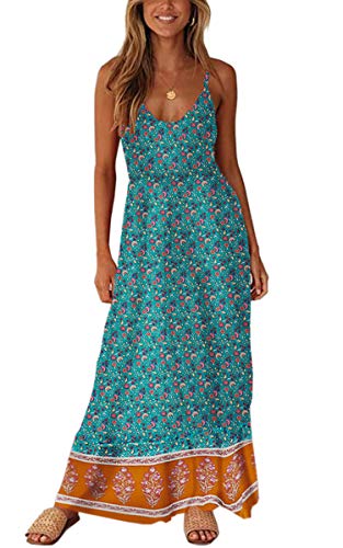 Image of Angashion Women's Dresses Floral Adjustable Spaghetti Strap V Neck Boho Long Maxi Dress Summer Beach Flowy Ethnic Sundress