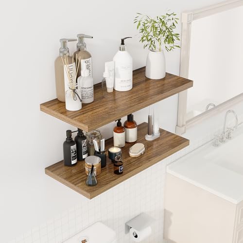 Image of Dreamland 30 inch Floating Shelves for Wall, 12 inch Deep Slim Walnut Floating Shelves, Wall-Mounted Shelves for Bedroom, Living Room, Kitchen, Bathroom - Set of 2