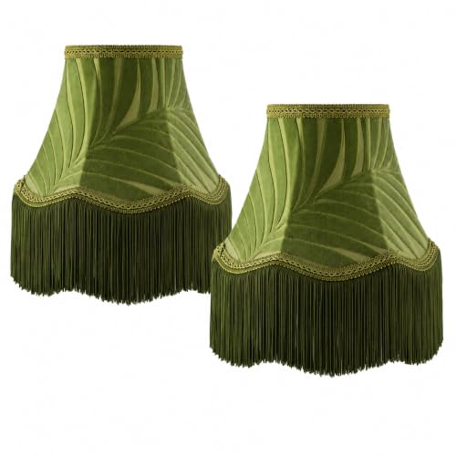 Fumete 2 Pcs 5 x 10 x 7.5 Inch Green Scalloped Lamp Shades with Fringe Trim Vintage Victorian Bell Lampshades Replacement Fabric Natural Tapered Lampshades Decor for Wall Sconce Pendant Light