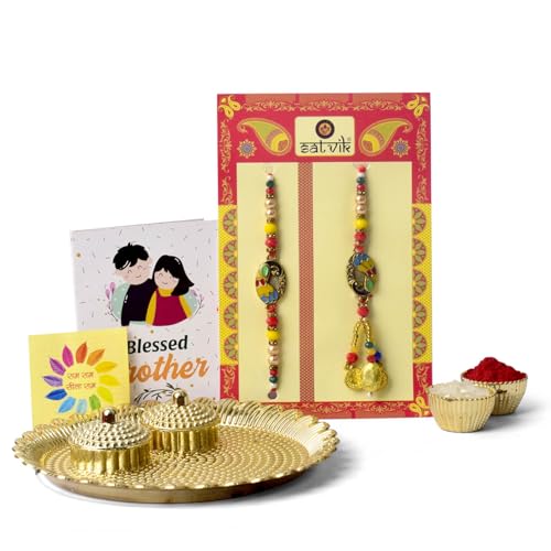 SATVIK Couple Rakhi: Bhaiya Bhabhi Rakhi Set with Kumkum Holder Thali, Roli Chawal, Greeting Card, and Soun Stickers - Celebrate Raksha Bandhan with Elegance and Tradition4