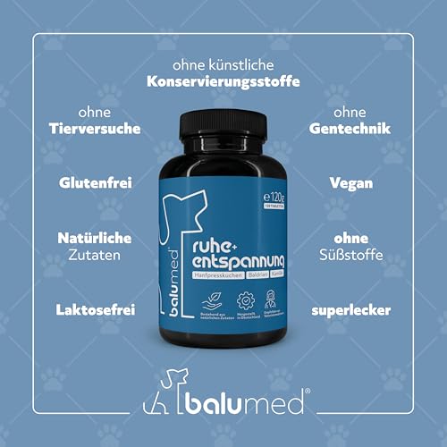 balumed® 120 Ruhe+Entspannung Tabletten für Hunde bei Angst und Stress mit Hanfpresskuchen, Hanföl kaltgepr., Magnesium, Baldrian, Kamille, Hopfen