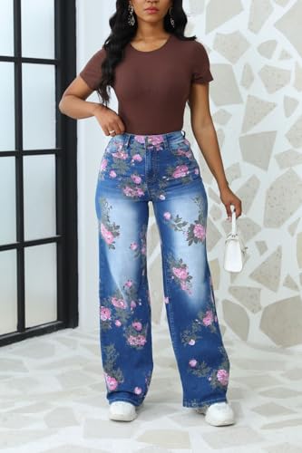 chouyatou Women's Y2K Wide Leg Floral Printed Jeans High Waisted Button Down Baggy Denim Pants4