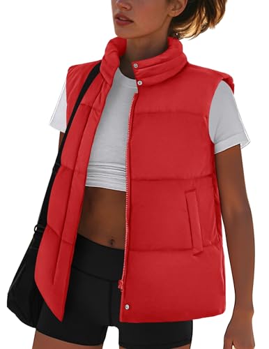 Zeagoo Womens Puffer Vest Warm Lightweight Fashion Outfits Stand Collar Zip Up Puffy Outerwear 2025 Trendy Red S