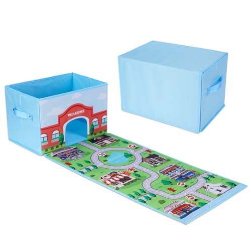 SAM AND MABEL Toy Car Storage and Garage with Play Mat - Compact and Collapsible Storage Box with Foldable Playmat, Stackable Nursery Bins and Boxes (GoPlaces)