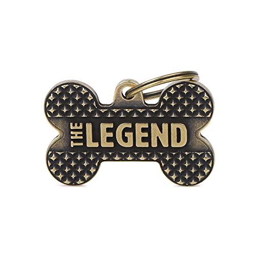 My Family Placa de Identificación personalizado para perro Made in Italy, Hueso Grande "The Legend", Placa de identificación de Perro Grabada Gratis, Latón Inglés, Colección Bronx Cover