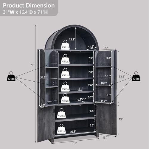 Image of IFGET 71 inch Tall Arched Kitchen Pantry, Modern Fluted Wood Storage Cabinet with Doors, 3 Adjustable Shelves, 6 Door Shelves, Organizer, Versatile Cupboard for Kitchen,Bathroom, Dark Gray