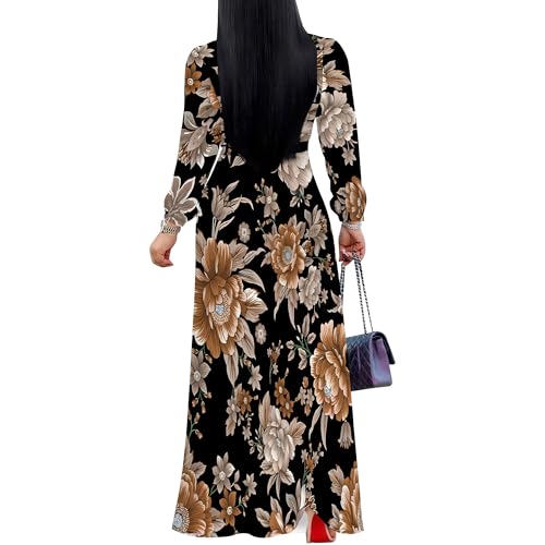 Image of Women Plus Size Long Sleeve V Neck Maxi Dress with Belt | Soft fabric relaxed fit three quarter sleeve v neck with pockets for party and daily wear