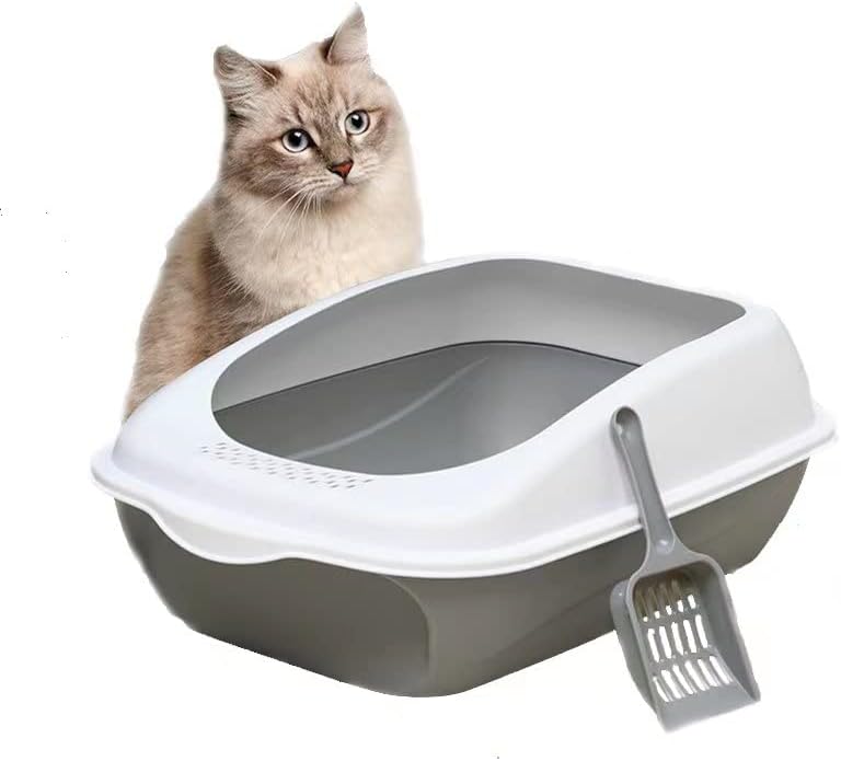 CamleoCat litter Box Oversized Splash-Proof Semi-Closed Large, Cat Litter Box With Cat Litter Spoon, Kitten Cat Toilet Cat Supplies, Suitable For All Kinds Of Cat Litter (Grey)