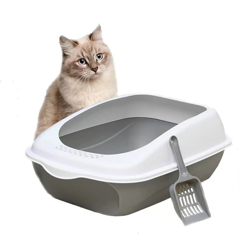 CamleoCat litter Box Oversized Splash-Proof Semi-Closed Large, Cat Litter Box With Cat Litter Spoon, Kitten Cat Toilet Cat Supplies, Suitable For All Kinds Of Cat Litter (Grey)