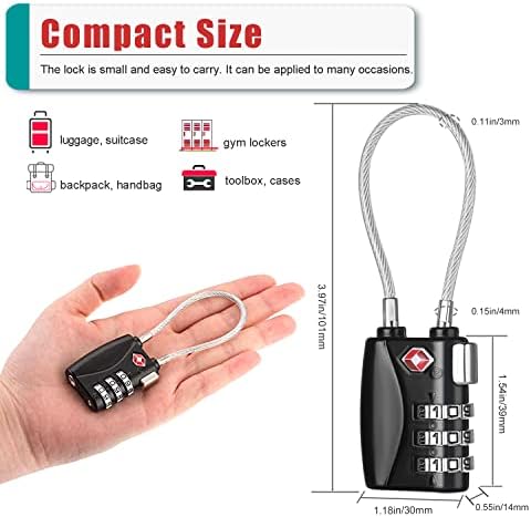 ZHEGE TSA Approved Luggage Locks, Travel Padlock, 3 Digit Combination Flexible Cable Padlock for Luggage, Suitcase, Backpack, Laptop Bag Zippers, Suitcase Locks Combination for Gym Lockers (Black)