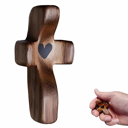 JWJDSAK Handheld Wooden Pocket Cross with Epoxy Heart - Christian Gift of Encouragement and Protection, Portable Wood Crosses My Heart for Men and Women, Religious Keepsake