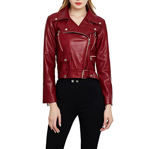 Vêtements de moto de couleur unie et veste en cuir courte ajustée pour femme