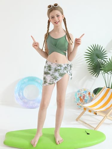 3 Pieces Girls Swimsuits Bikini Set Tropical Print Bikini Set Criss Cross Bathing Suit with Cover Up Skirt for Kids4