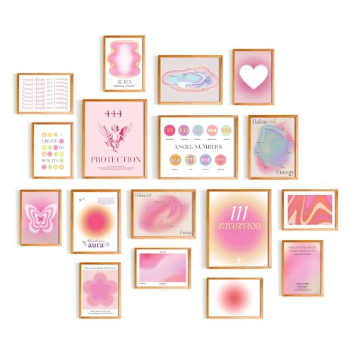 365DoRoTeYa Angel Number Poster - Aura Wall Art Prints for Bedroom, Bathroom, Office & Living Room Decor - Pink Angel Numbers - 17 PCS (Unframed)