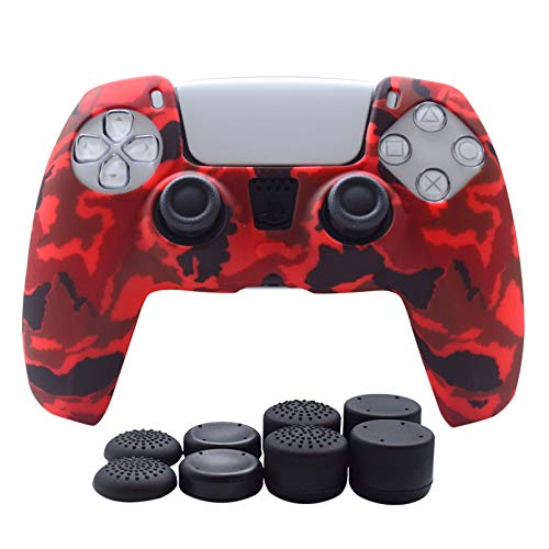 PS5 Controller Grips-Hikfly Silicone Cover for PS5 Controller Skin,Non-Slip Cover for PlayStation 5 Controller- 1 x Skin with 8 x Thumb Grip Caps(Red)