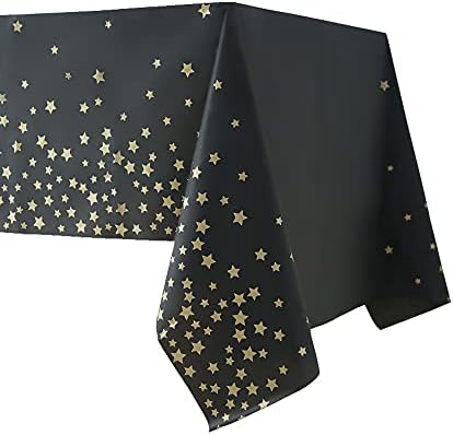 HaoziruD 6 Pack Gold Star Black Plastic Tablecloth, Twinkle Star Disposable Table Covers, Rectangular Table Cloths for Birthday, Party, Camping, Anniversary, 54" x 108"