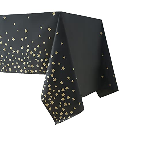 Haozirud 6 Pack Gold Star Black Plastic Tablecloth, Twinkle Star Disposable Table Covers, Rectangular Table Cloths For Birthday, Party, Camping, Anniversary, 54" X 108" #TOP1