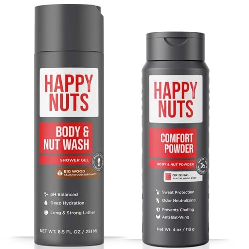 HAPPY NUTS Big Wood Body Wash 8.5oz & Talc-Free Anti-Chafe Powder (OG) Bundle - Men's Grooming Duo for All-Day Odor & Chafe Protection image 3
