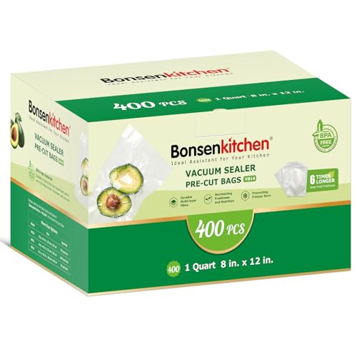 Bonsenkitchen Vacuum Sealer Bags,400 Quart 8" x 12" Precut Food Sealer Bags, Commercial Grade, BPA Free, Heavy Duty, Customized Size Vacuum Bags for Vac Storage, Meal Prep or Sous Vide Cooki
