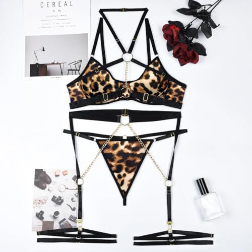 Image of SSoShHub Pu Leather Strappy Wirefree Garter Belt Lingerie Bra Panty Set with G String and Thigh Belts for Women Girl with Panty