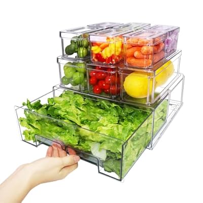 YINGRACE 10 Pack Fridge Organizer Bins, Stackable Refrigerator Organizers and Storage, With a Pull-out Large Drawer, BPA-Free Clear Containers For Fruit, Vegetable, Drinks