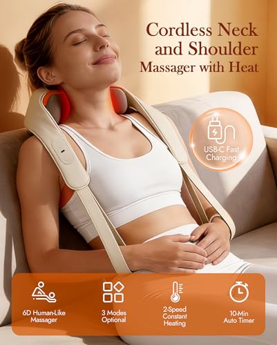 Image of Neck Massager with Heat Cordless: Shiatsu Back Shoulder Massage Tools for Pain Relief Deep Tissue Electric 4D Kneading for Muscle Remedy Lymphatic Drainage Gifts for Men Women Mom Dad