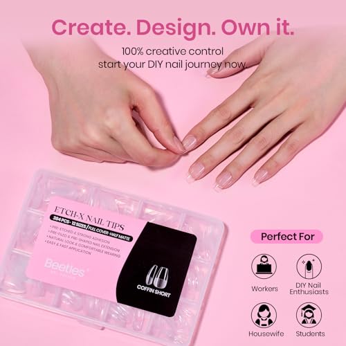 Image of Beetles Gel Nail Tips Etch-X- Coffin Short, 384pcs 12 Sizes Pre-Etched