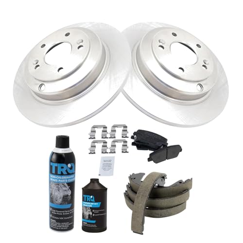 Image of TRQ Rear Brake Pad & Rotor Kit, with Chemical Kit Parking Brake Shoe Set Semi-Metallic Compatible with 2010-2014 Hyundai Genesis Coupe