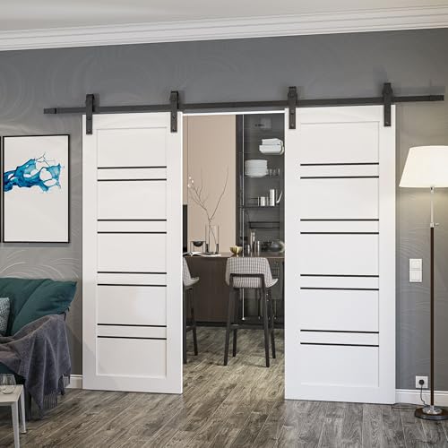 Image of Sartodoors Sliding Interior Door 1094 Single Barn Door White with Black Opaque Glass Solid MDF Modern Design 18 x 80 in